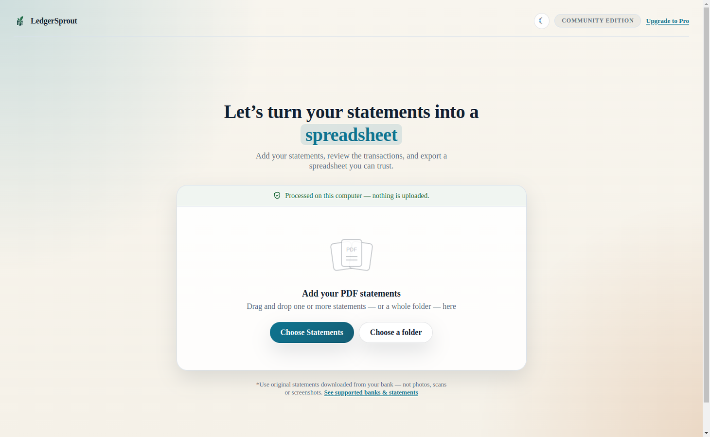 LedgerSprout welcome screen with a drag-and-drop area to add PDF bank statements, processed locally on your computer