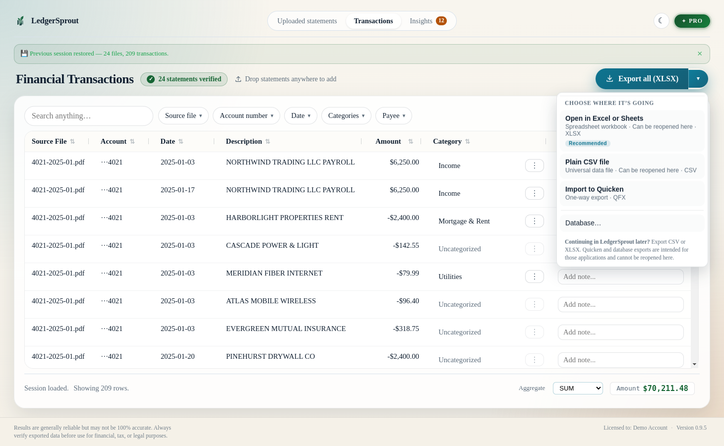 LedgerSprout financial transactions with the export menu open, showing Excel, CSV and Quicken output options