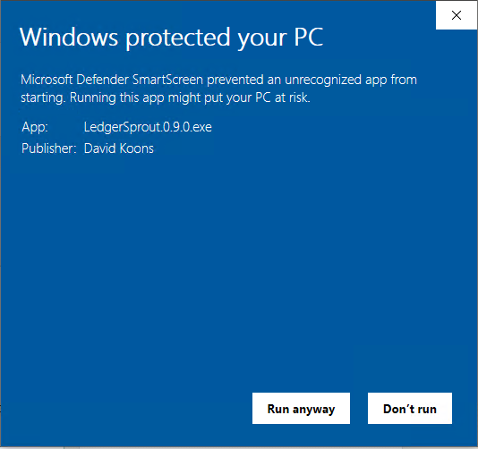 The SmartScreen dialog after clicking More info, showing App LedgerSprout and Publisher David Koons, with a Run anyway button